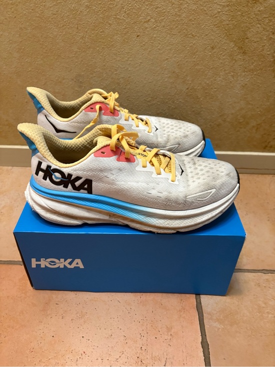 Hoka One One Shoes - Hoka One One Women's White Running Shoes with Blue & Yellow Accents